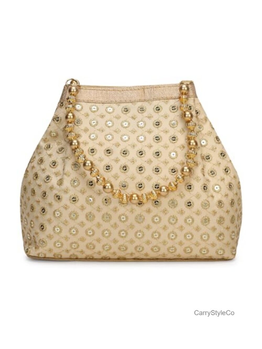 Embroidered Potli Evening Bag Clutch with Gold Pearl Handle for Weddings